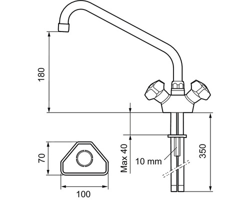 Måttritning av en köksblandare med måtten 180, 350, 70, 100 och 10 mm