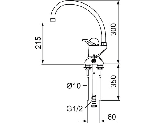 Teknisk ritning av en köksblandare med mått.