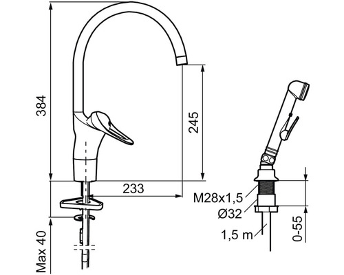Teknisk ritning av en köksblandare med diskmaskinsdusch och måttangivelser