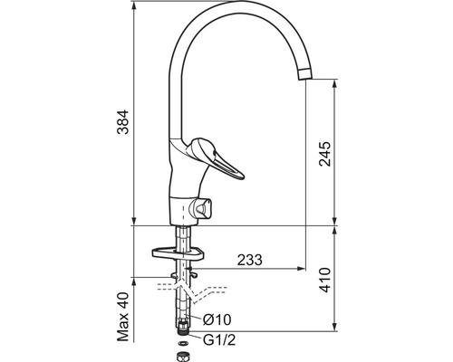 Teknisk ritning av en köksblandare med mått