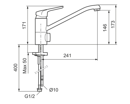 Teknisk ritning av en köksblandare med dimensioner.