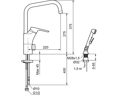 Teknisk ritning av en köksblandare med handdusch och måttangivelser.