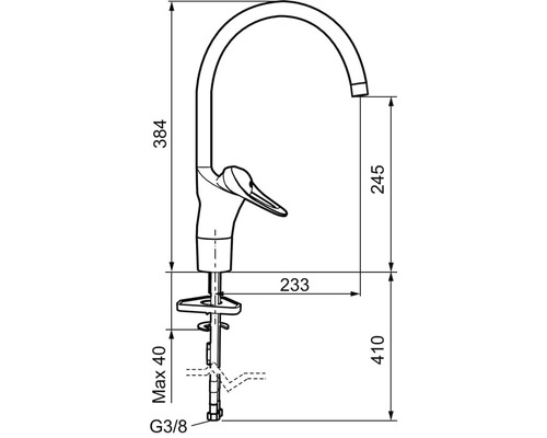 Teknisk ritning av en köksblandare med mått