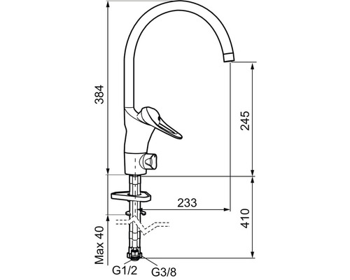 Teknisk ritning av en köksblandare med mått