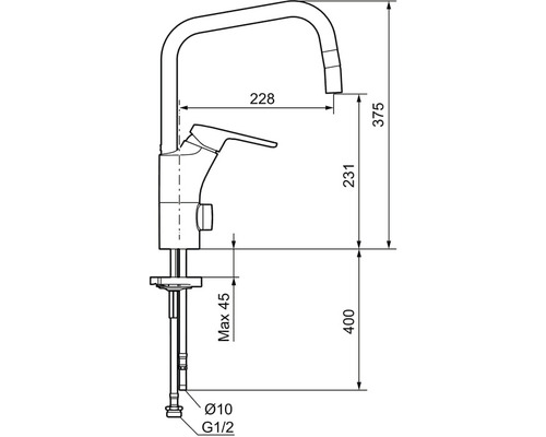 Teknisk ritning av en köksblandare med måttangivelser