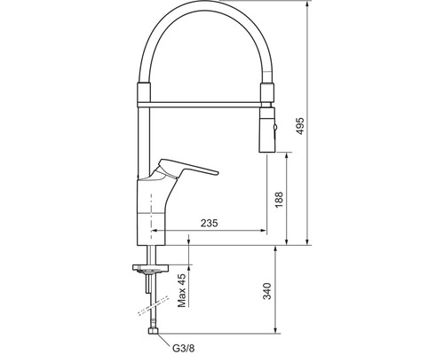 Teknisk ritning av en köksblandare med mått.
