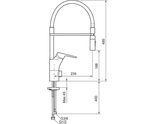 Teknisk ritning av en köksblandare med mått.