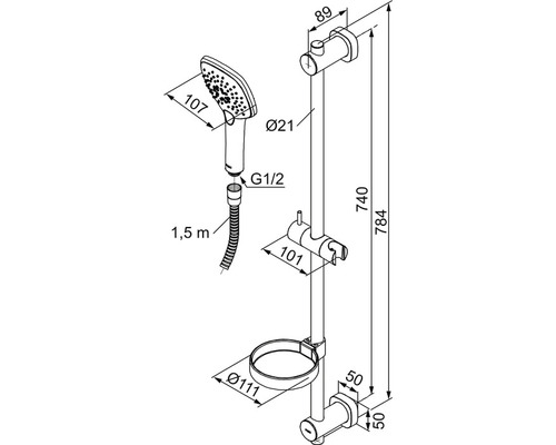 Teknisk ritning av ett duschset med handdusch, duschstång och måttangivelser.