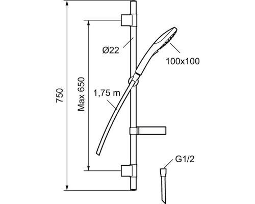 Teknisk ritning av en duschstång med handdusch och mått.