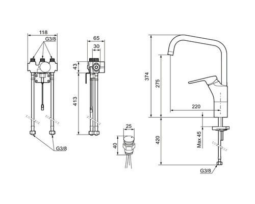 Måttritning av en köksblandare med måtten 118, 65, 30, 413, 43, 40, 25, 374, 420, 275 och maximalt 45 millimeter