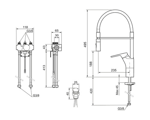 Teknisk ritning av en köksblandare med mått