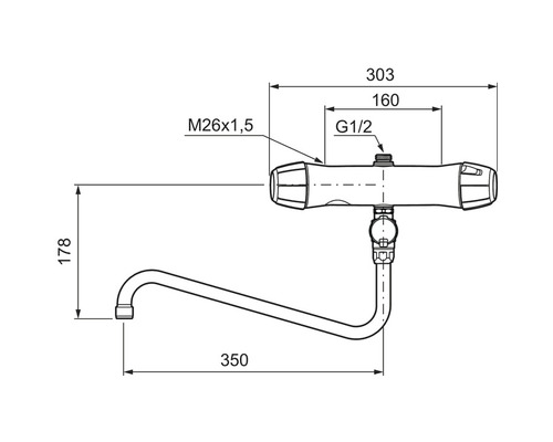 Teknisk ritning av en köksblandare med måttangivelser