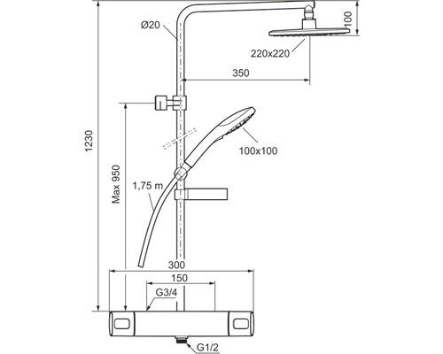 Teknisk ritning av ett duschsystem med mått.