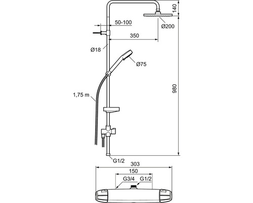 Teknisk ritning av ett duschset med dimensioner