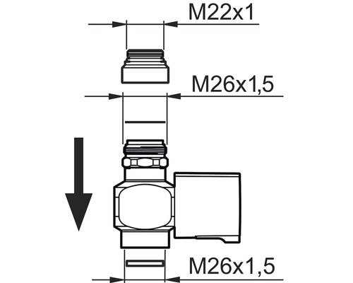 Ritning av en rörkoppling med måtten M22x1 och M26x1,5