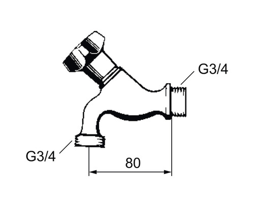 Teknisk ritning av en vattenkran med G3/4-anslutning och en längd på 80 millimeter.