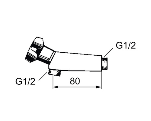 Teknisk ritning av en vinkelventil med G1/2 tums anslutningar och en längd på 80 mm.