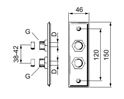 Teknisk ritning av en dubbel väggrosett med måttangivelser