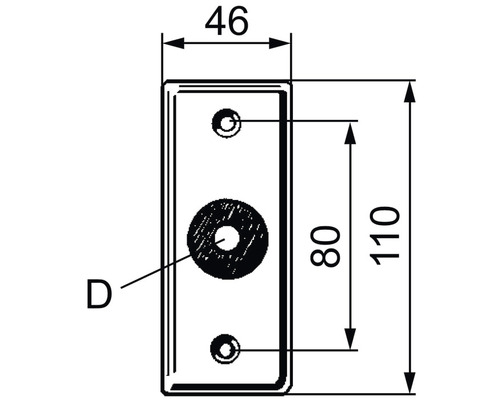 Teknisk ritning av en rektangulär platta med borrhål och måtten 46, 80 och 110 millimeter.