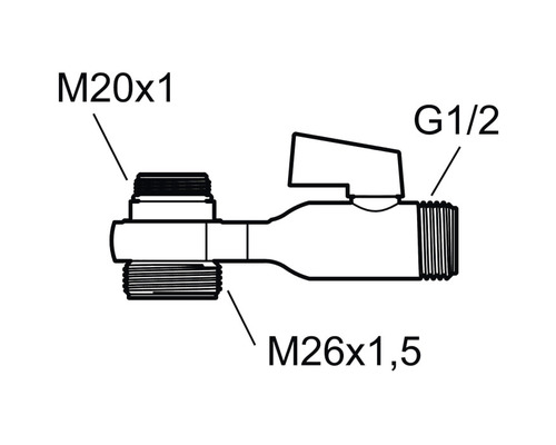 Hörnventil med måtten M20x1, G1/2 och M26x1,5
