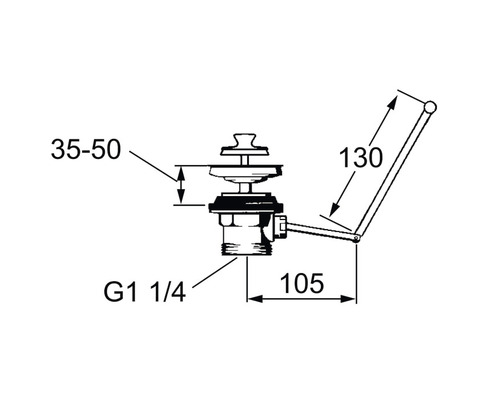 Skiss över en avloppsventil med måtten 35 till 50, G 1 1/4, 105 och 130.
