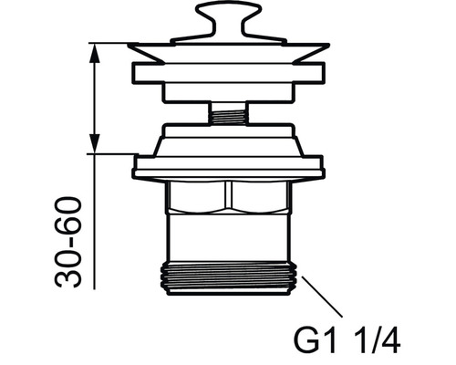 Ritning av en avtappningsventil med måtten 30 till 60 och G 1 1/4