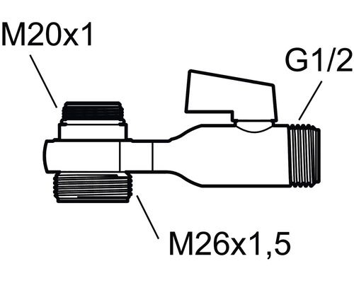 Hörnventil med storlekarna M20x1, M26x1,5 och G1/2