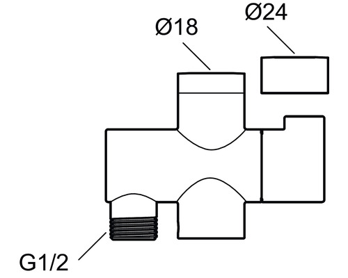 Teknisk ritning av ett rördel med gänga G1/2 och diametrar 18 och 24