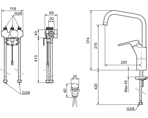 Teknisk ritning av en köksblandare med måttangivelser