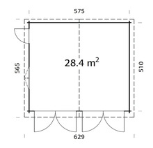 Ritning av ett trädgårdshus med måtten 575 x 510 x 629 och en yta på 28.4 kvadratmeter.