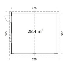 Planritning av ett trädgårdshus med mått och en yta på 28,4 kvadratmeter.