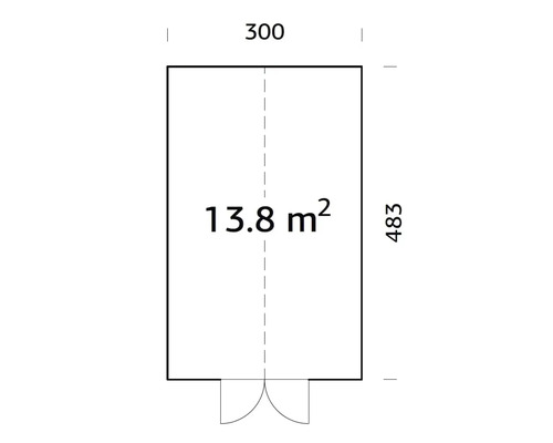 Planlösning med en yta på 13,8 kvadratmeter, bredd 300 och längd 483.
