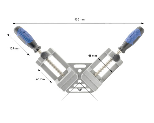 90-graders hörnklämma med måtten 430 x 105 x 68 x 65 millimeter