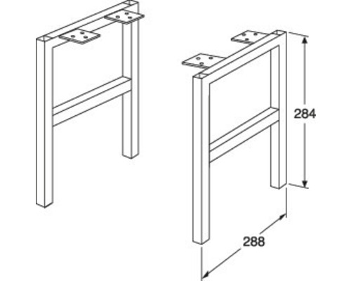 Två bordsben med monteringsplattor och måttangivelser