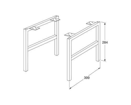 Ritning av två bordsben med måtten 284 millimeter höga och 399 millimeter långa.