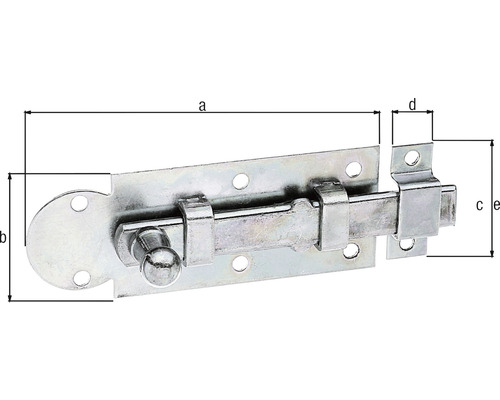 Dörrhasp i metall med dimensionerna a, b, c, d och e.