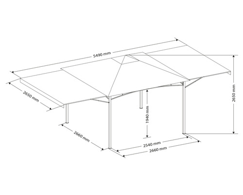 Måttritning av en paviljong med höjd- och breddmått i millimeter.