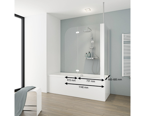 Badkar med duschvägg och måttangivelser