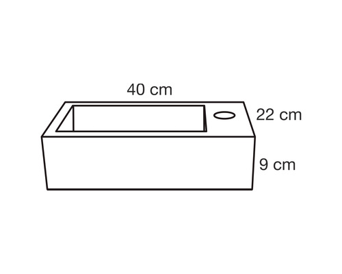 Skiss av ett tvättställ med måtten 40 x 22 x 9 cm.