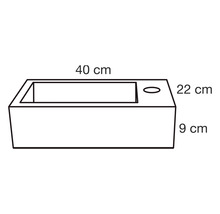 Ritning av ett handfat med måtten 40 cm lång, 22 cm bred och 9 cm hög.