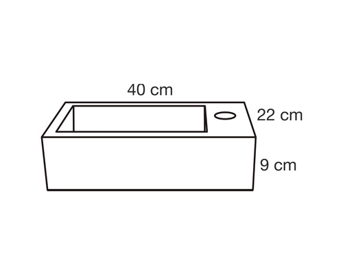 Ritning av ett handfat med måtten 40 cm lång, 22 cm bred och 9 cm hög.