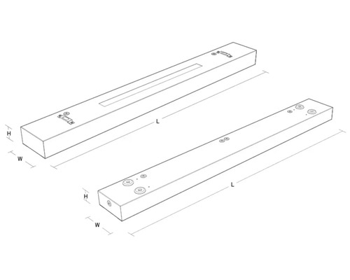 Ritning av två rektangulära lampor med måtten längd, höjd och bredd