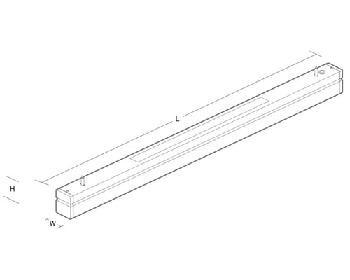 Ritning av en LED-armatur för fuktiga utrymmen med måttangivelser för längd, höjd och bredd