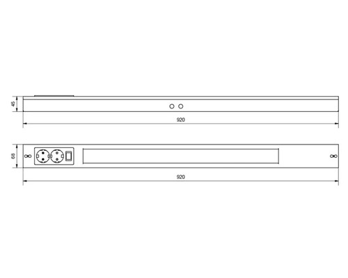 Teknisk ritning av en bottenlampa med uttag och strömbrytare, mått 920 x 45 x 68 millimeter