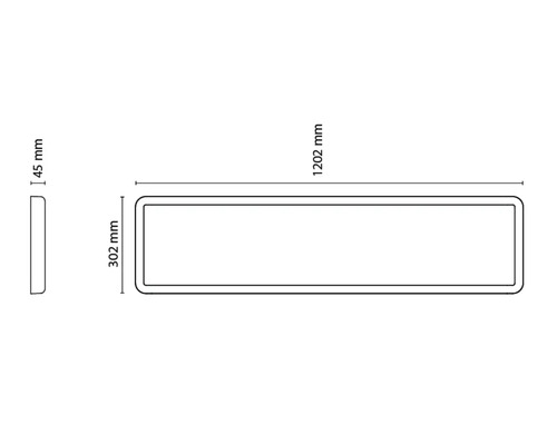 Mått på en rektangulär spegel: 1202 mm bred, 302 mm hög och 45 mm djup
