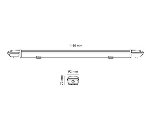 Mått på en LED-vattentät lampa med en längd på 1460 millimeter, en bredd på 92 millimeter och en höjd på 70 millimeter.