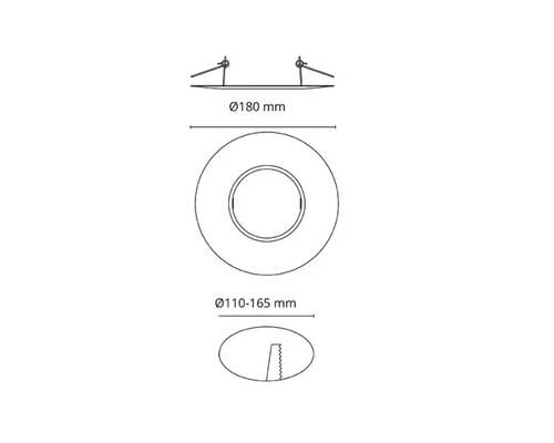 Teknisk ritning av en infälld spotlight med mått.
