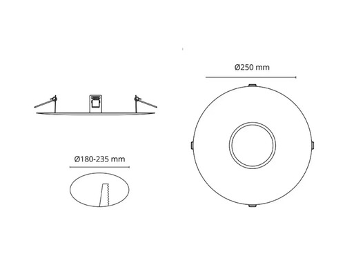 Teknisk ritning av en rund infälld armatur med måtten 250 mm diameter och 180 till 235 mm installationsdiameter