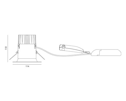 Ritning av en infälld armatur med måtten 110 och 114 millimeter