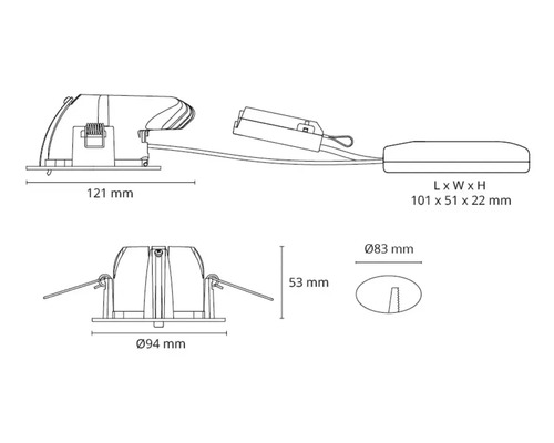 Teknisk ritning av en infälld armatur med måttangivelser